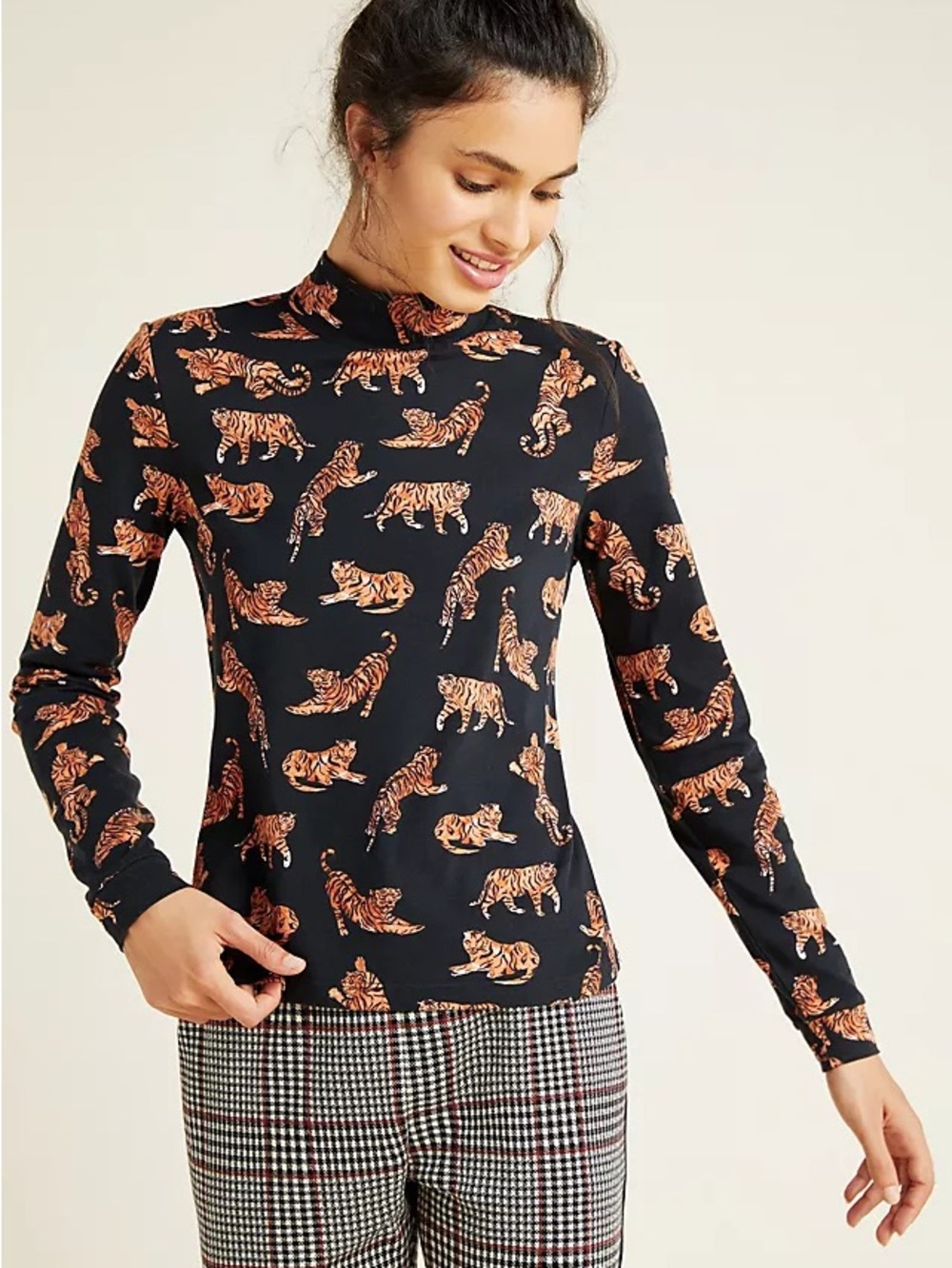 Anthropologie Maeve Tiger Print Mock Neck Top NWT Black Long Sleeve Size Medium